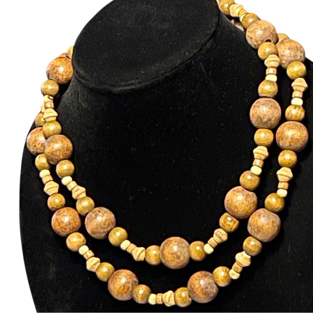Vintage Chunky Avon Brown+Cream Maple Wooden 40”Long Beaded Necklace
